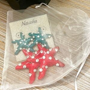 NWT,Natasha, Enamel Rhinestone Starfish Frontal Statement Earrings, GIFT ME!